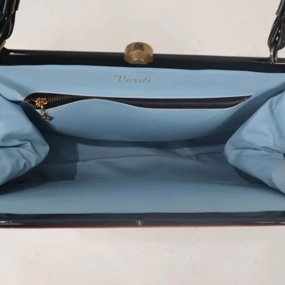 ❄️ Vtg 60's Verdi Black Patent Leather Tortoise Handbag Purse Satchel Acrylic